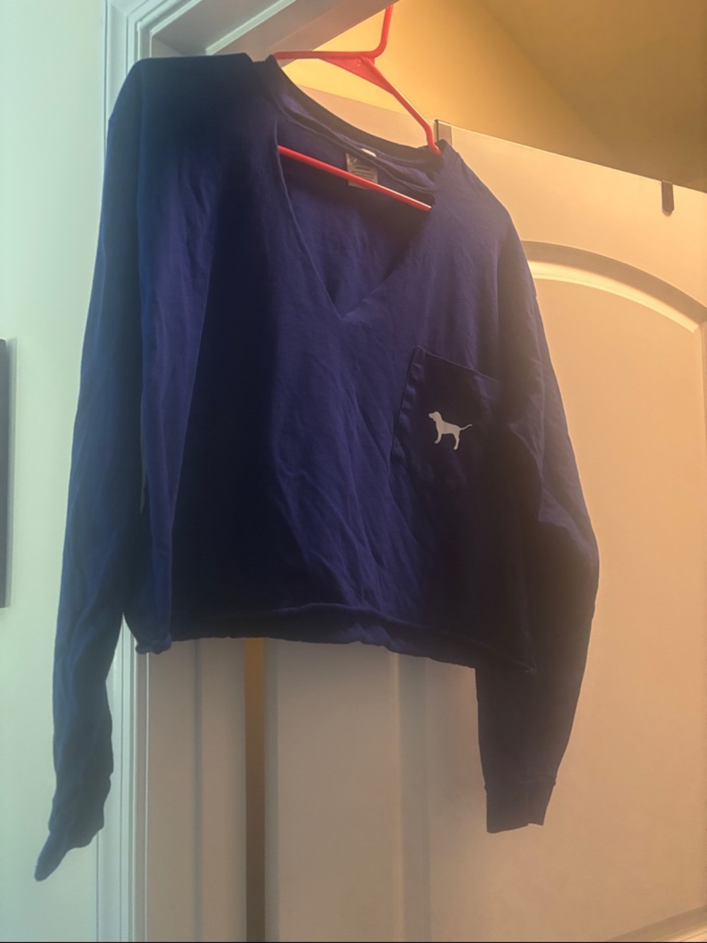 PINK Victoria's Secret Navy Blue V-Neck Pocket Sweatshirt with Dog Logo